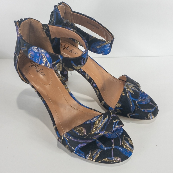 Style & Co Paycee Two-piece Dress Sandals Blue Floral Brocade -5 - Picture 2 of 4